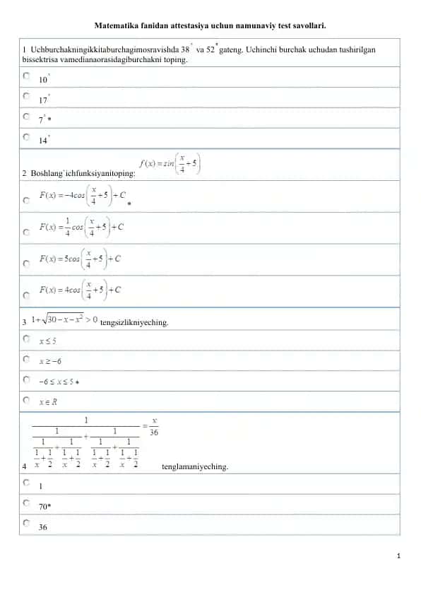 Matematika fanidan attestasiya uchun namunaviy test savollari