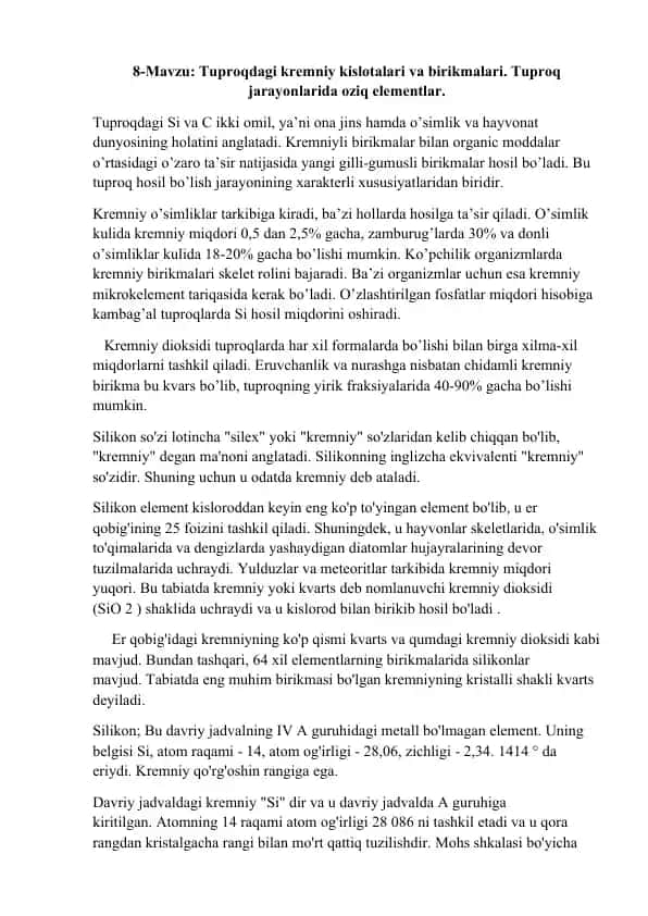 Tuproqdagi Kremniy Kislotalari va Birikmalari
