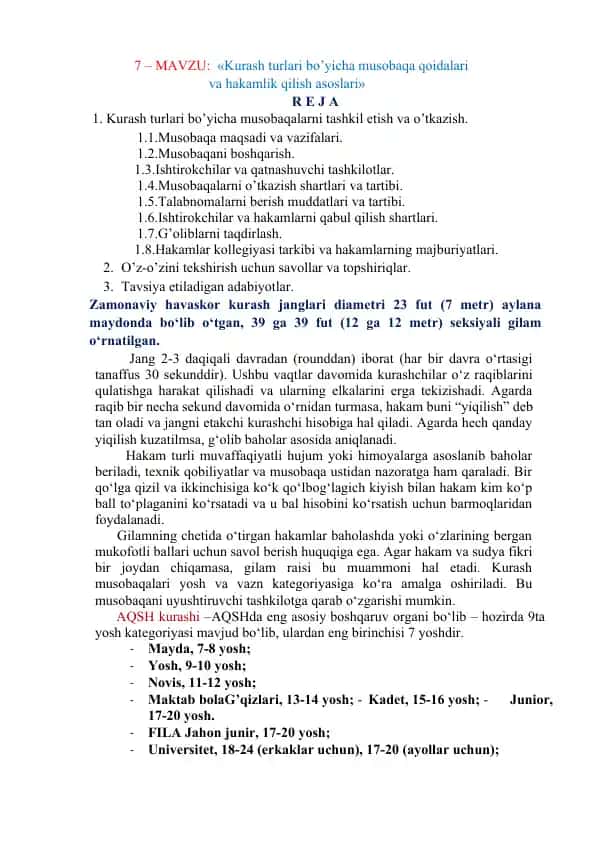 Kurash turlari bo’yicha musobaqa qoidalari va hakamlik qilish asoslari