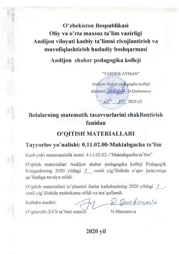 Ishchi o‘quv dasturi “Aqliy tarbiya”