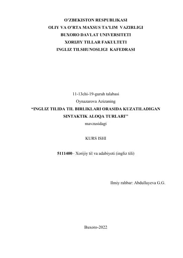 "INGLIZ TILIDA TIL BIRLIKLARI ORASIDA KUZATILADIGAN SINTAKTIK ALOQA TURLARI"