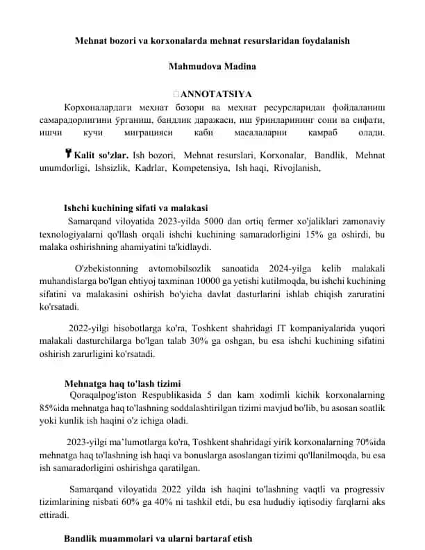 Mehmat bozori va korxonalarda mehnat resurslaridan foydalanish