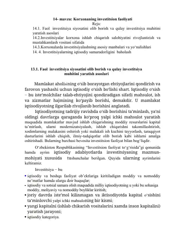 Korxonaning investitsion faoliyati