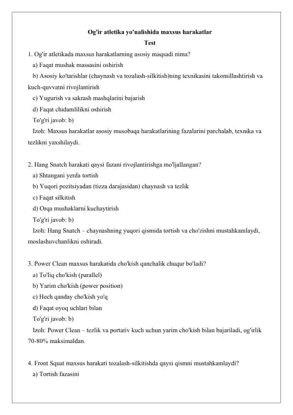 Og'ir atletika yo'nalishida maxsus harakatlar