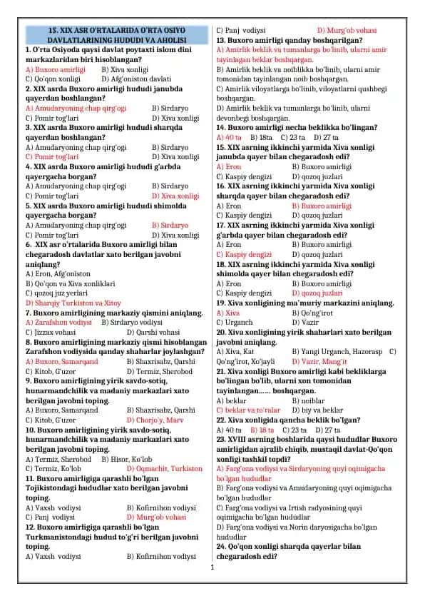 XIX asr o‘rtalarida O‘rta Osiyo davlatlari tarixi bo‘yicha test savollari