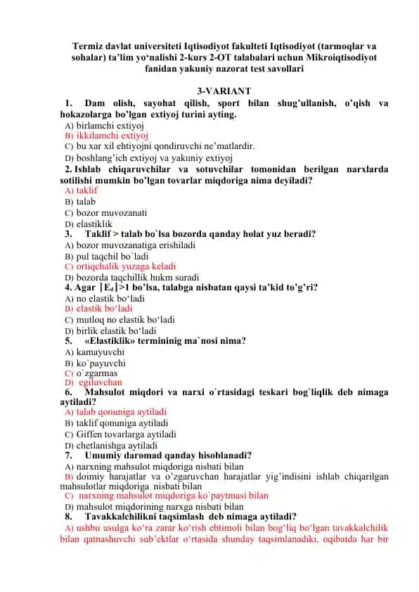 Mikroiqtisodiyot nazorat test savollari