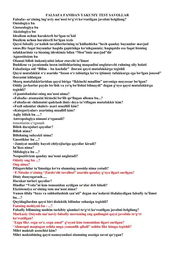 FALSAFA FANIDAN YAKUNIY TEST SAVOLLAR