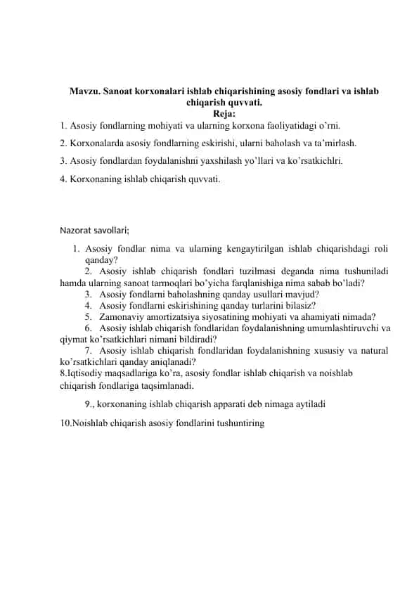 Sanoat korxonalari ishlab chiqarishining asosiy fondlari va ishlab chiqarish quvvati