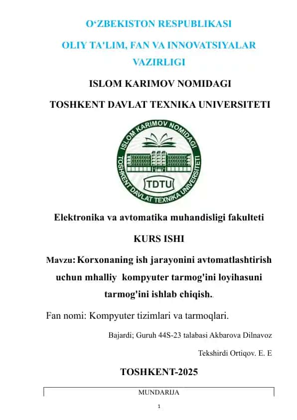 Mahalliy kompyuter tarmoqlari haqida loyiha