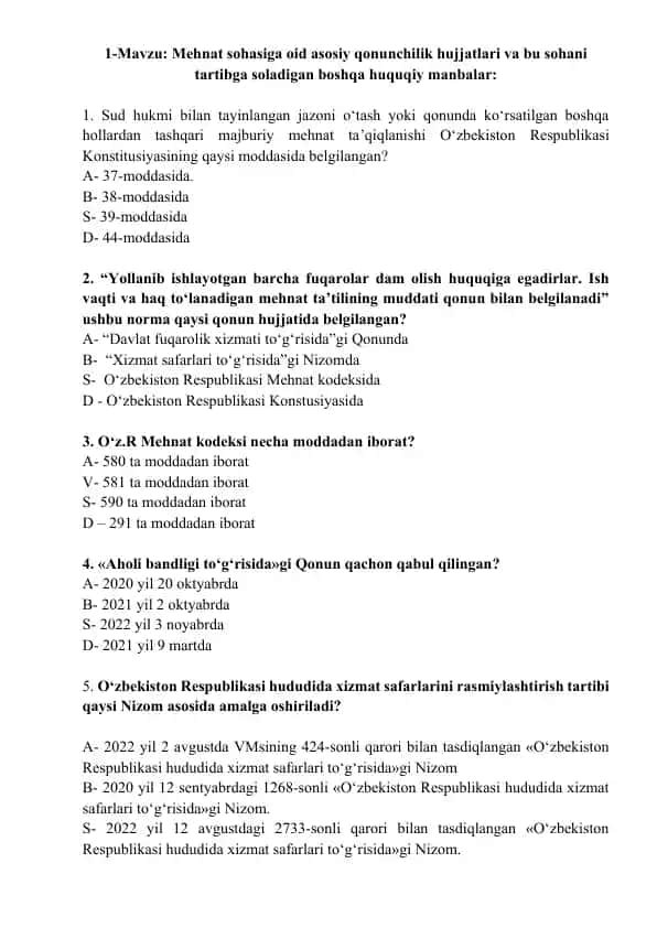 Mehnat sohasiga oid asosiy qonunchilik hujjatlari