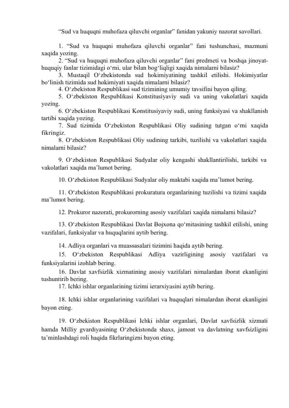 Sud va huquqni muhofaza qiluvchi organlar fanidan yakuniy nazorat savollari