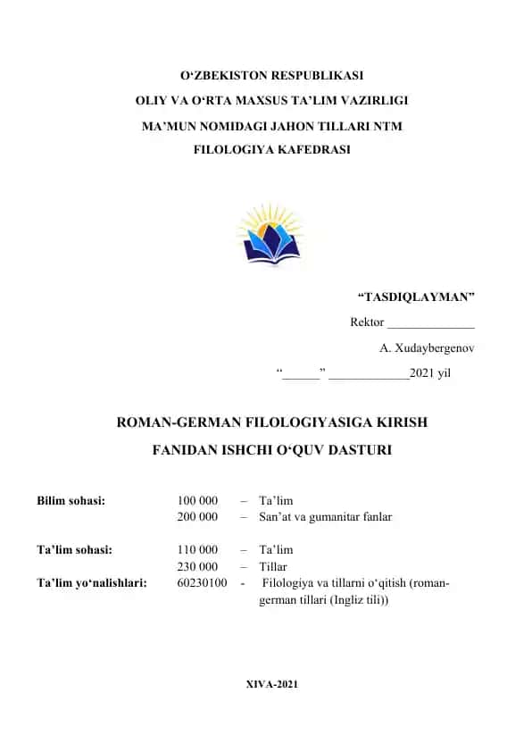 Roman-German filologiyasiga kirish fanidan ishchi o‘quv dasturi