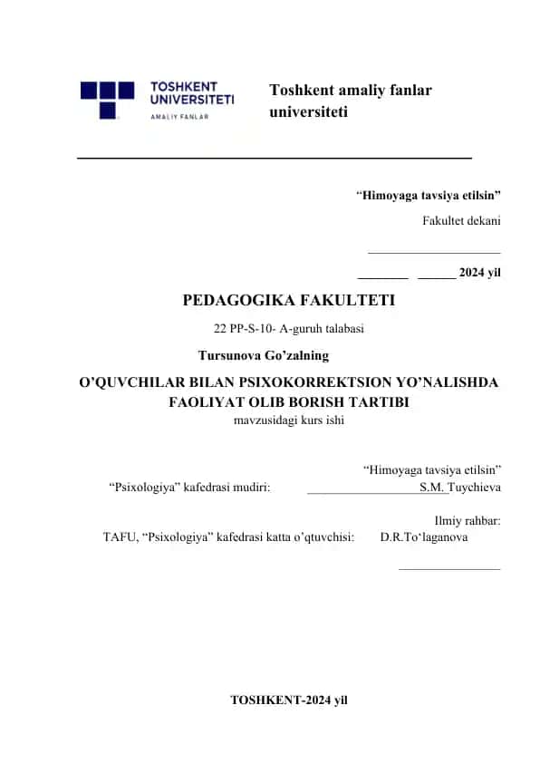 O’QUVCHILAR BILAN PSIXOKORREKTSION YO’NALISHDA FAOLIYAT OLIB BORISH TARTIBI