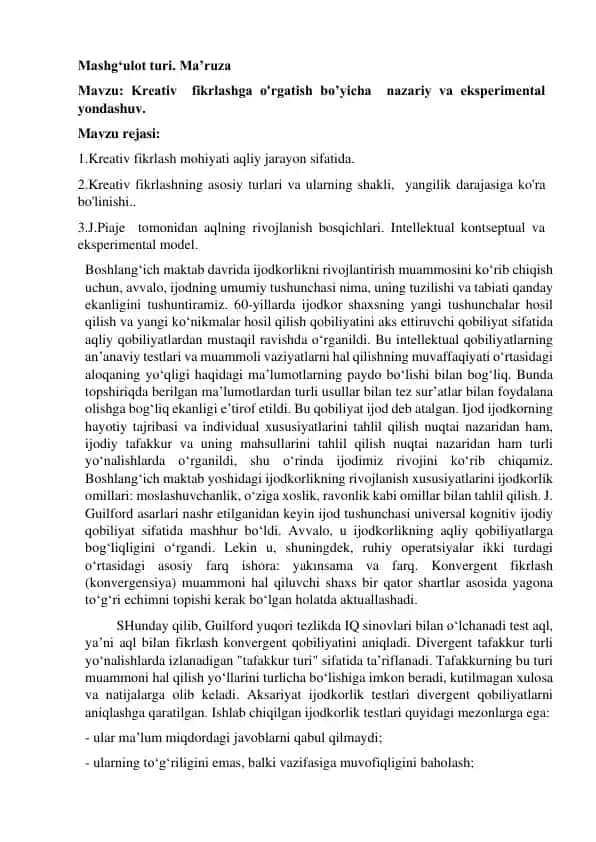 Ijodkorlik va Uni Rivojlantirish