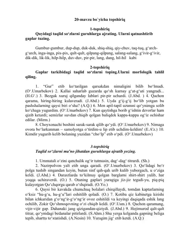 Taqlid so‘zlarni guruhlarga ajrating