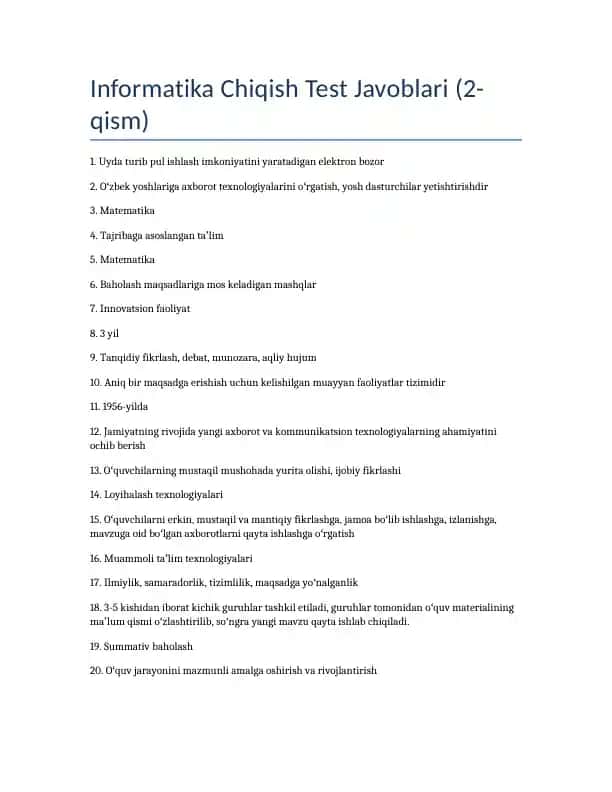 Informatika Chiqish Test Javoblari (2-qism)