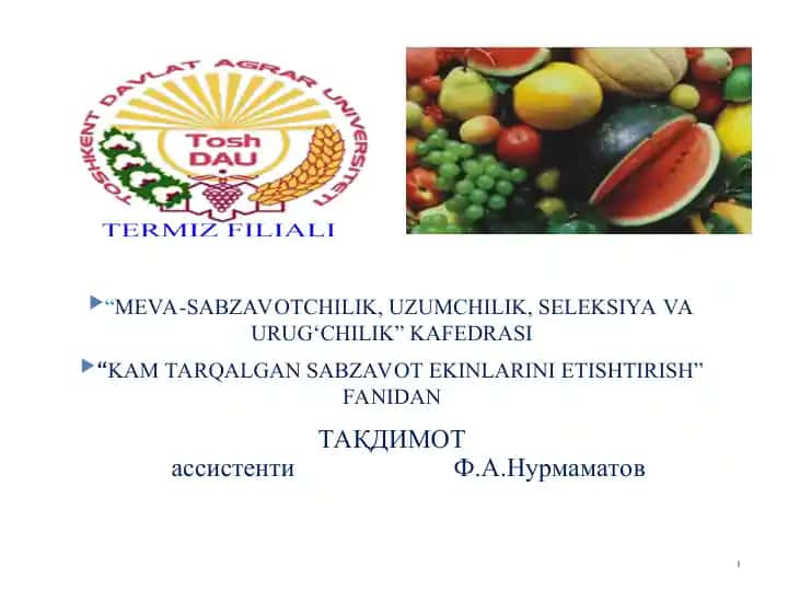 Кам тарқалган сабзавот экинларининг истеъмол органларига кўра таснифланиши