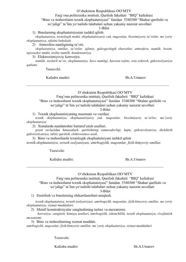 Yakuniy nazorat savollari "Bino va inshootlarni texnik ekspluatatsiyasi" fanidan