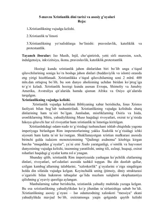 Xristianlik dini tarixi va asosiy g’oyalari