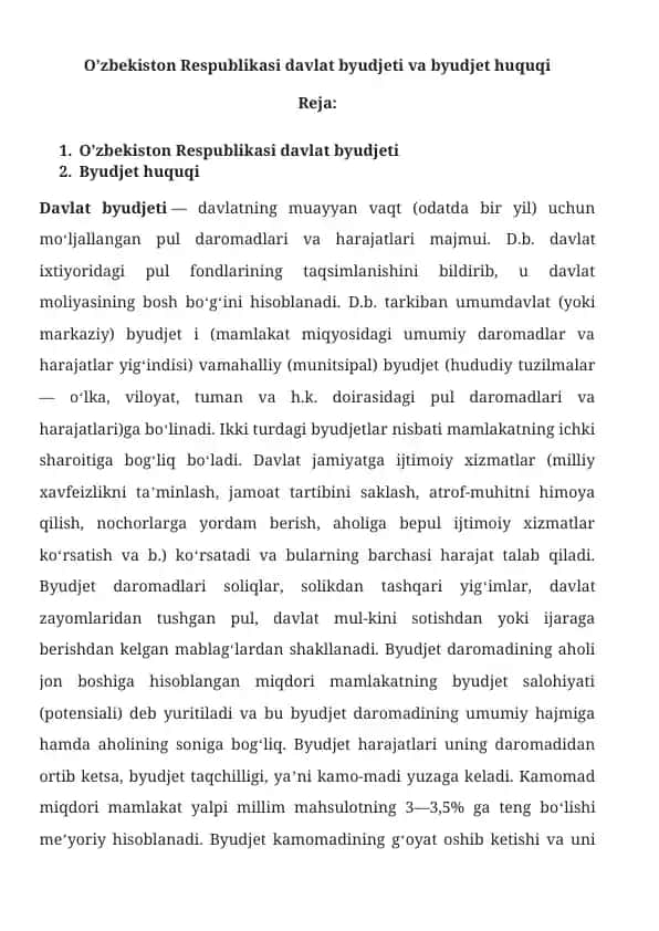 O’zbekiston Respublikasi davlat byudjeti va byudjet huquqi
