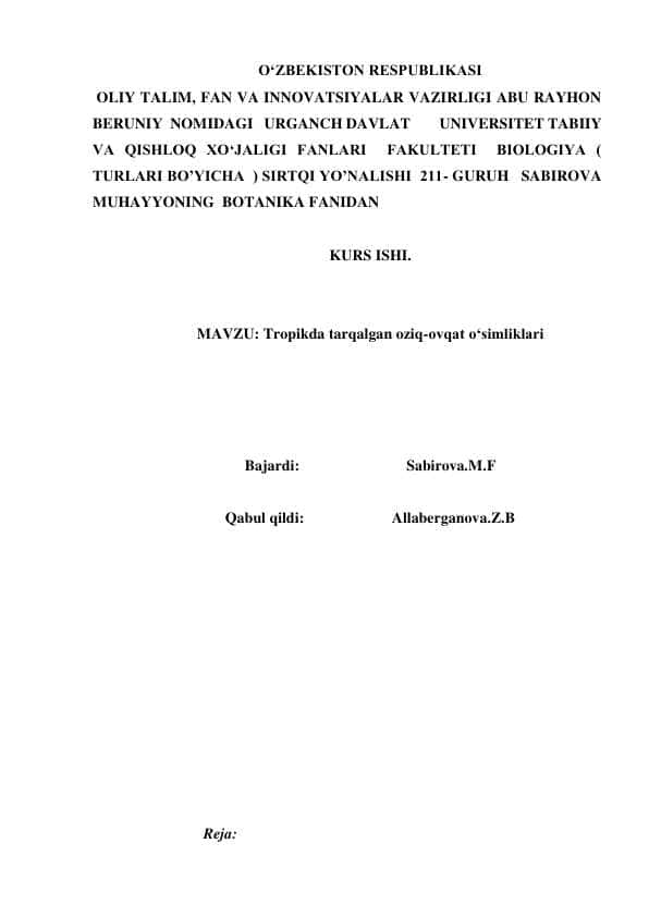 Tropikda tarqalgan oziq-ovqat o‘simliklari