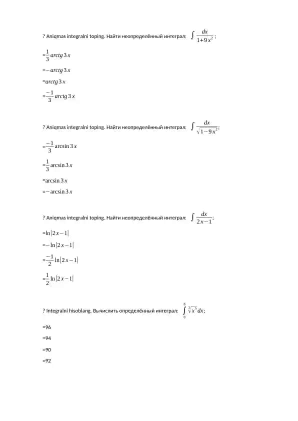 Aniqmas integral va integral hisoblash masalalari to‘plami