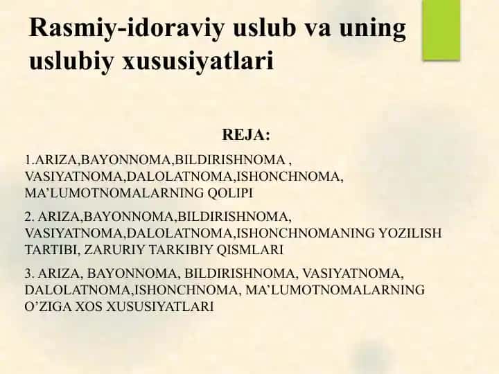 Rasmiy-idoraviyuslub va uning uslubiy xususiyatlari