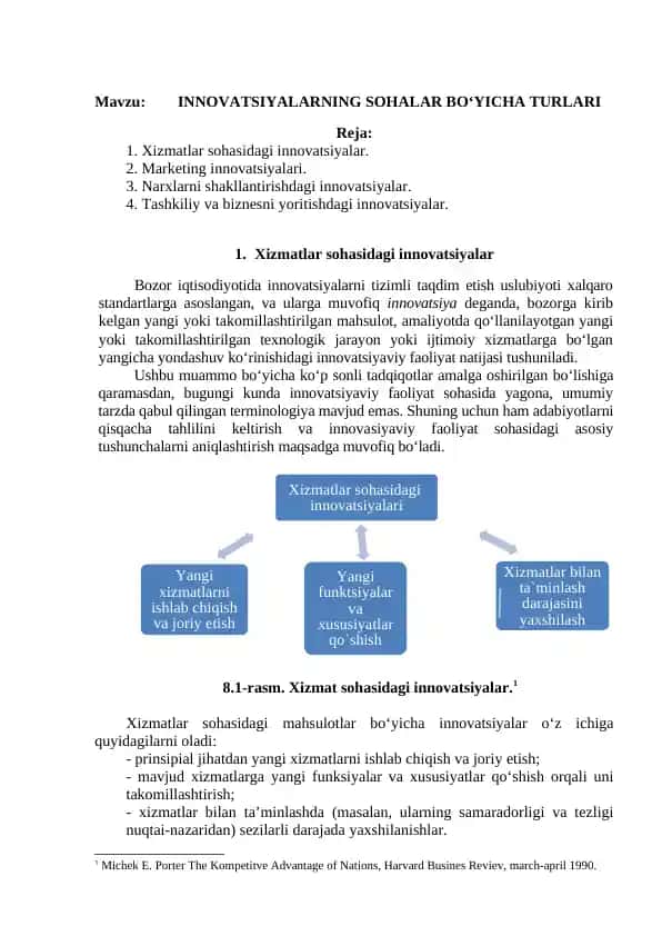 INNOVATSIYALARNING SOHALAR BO‘YICHA TURLARI