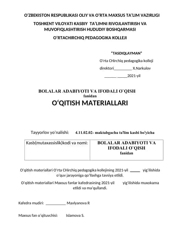 Bolalar Adabiyoti va Ifodali O'qish materiallari