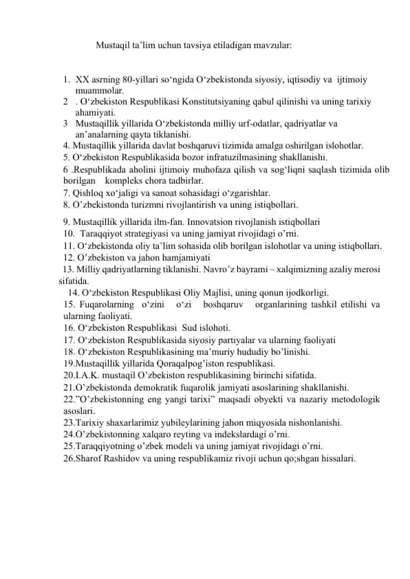 Mustaqil ta’lim uchun tavsiya etiladigan mavzular
