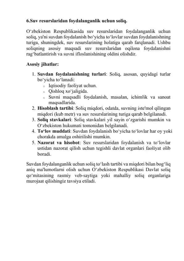 Suv resurslaridan foydalanganlik uchun soliq