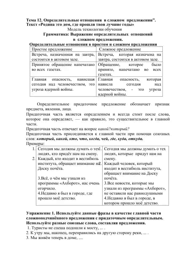 Определительные отношения в сложном предложении