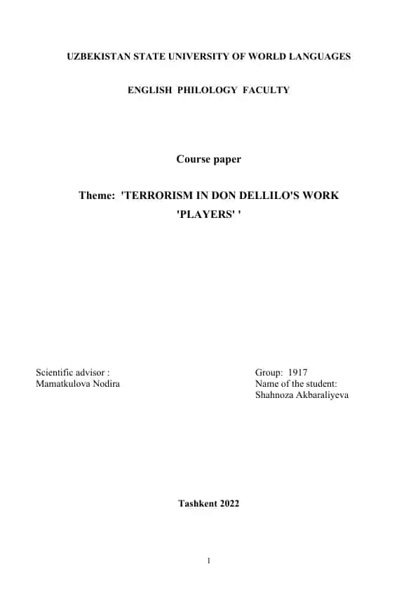 TERRORISM IN DON DELLILO'S WORK 'PLAYERS'