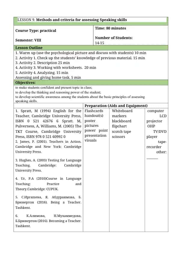 Methods and criteria for assessing Speaking skills