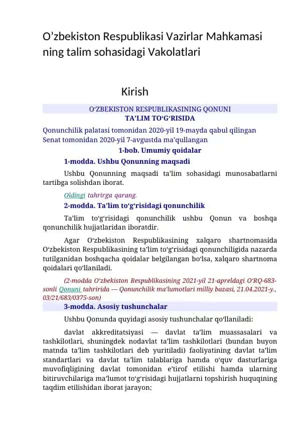 O'zbekiston Respublikasi Vazirlar Mahkamasi ning talim sohasidagi Vakolatlari