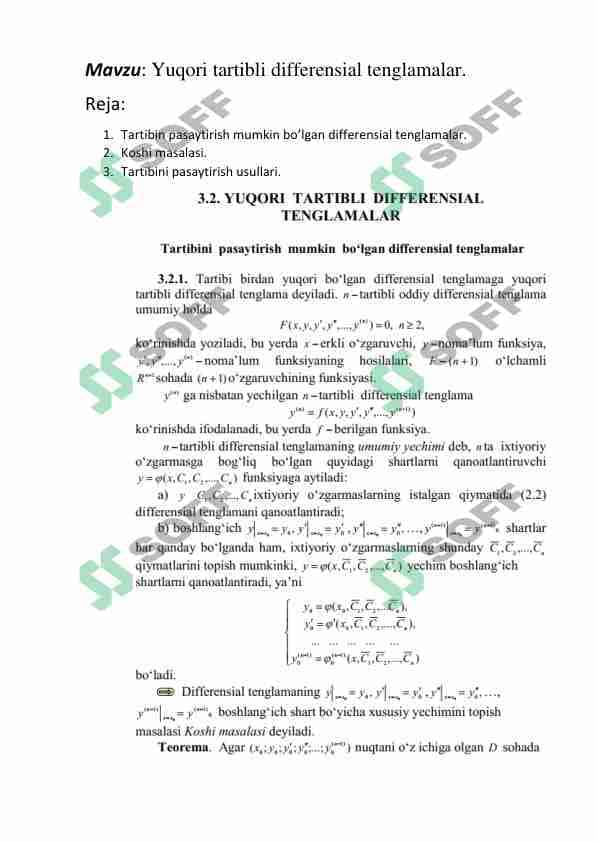 Yuqori tartibli differensial tenglamalar.
