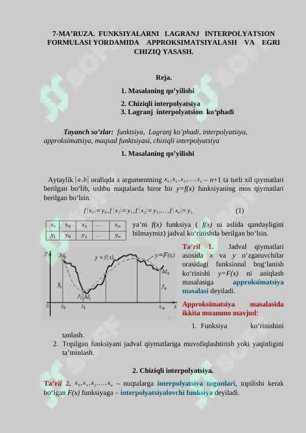 FUNKSIYALARNI LAGRANJ INTERPOLYATSION FORMULASI YORDAMIDA APPROKSIMATSIYALASH VA EGRI CHIZIQ YASASH.