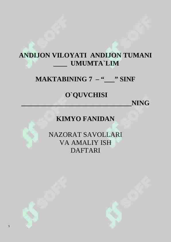 7-sinf kimyo fanidan Nazorat ishi daftari