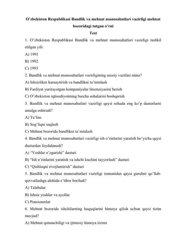 O’zbekiston Respublikasi Bandlik va mehnat munosabatlari vazirligi mehnat bozoridagi tutgan o’rni