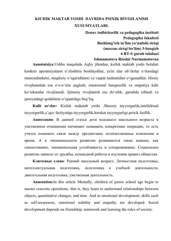 Kichik maktab yoshi davrida psixik rivojlanish xususiyatlari