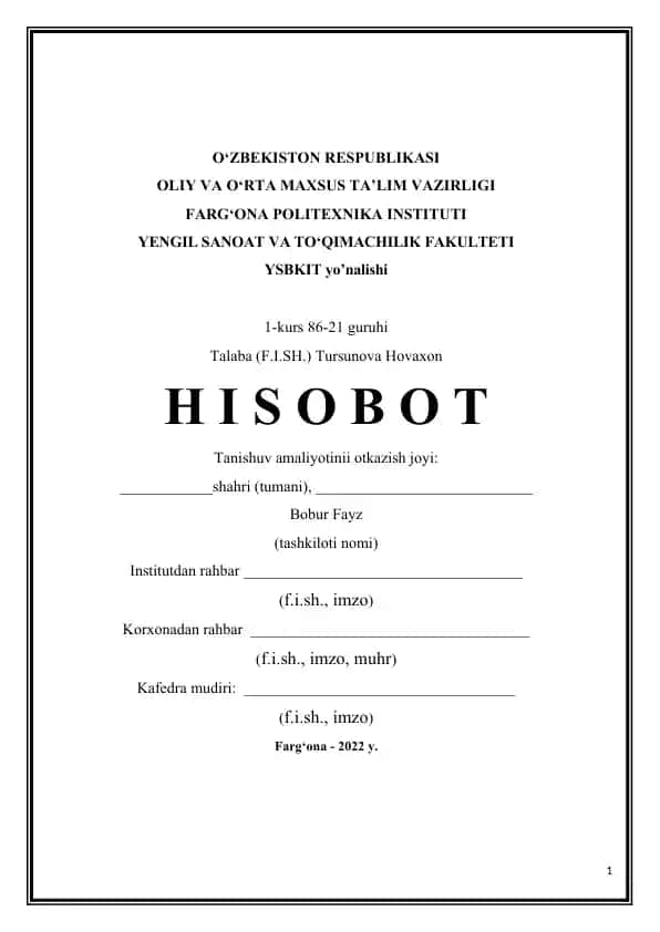 Korxona faoliyati haqida ma'lumotlar