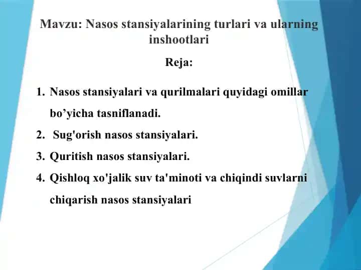 Nasos stansiyalarining turlari va ularning inshootlari