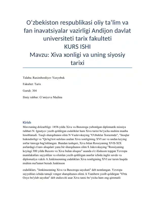 Xiva xonligi va uning siyosiy tarixi KURS ISHI