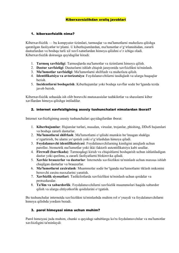 Kiberxavfsizlikdan oraliq javoblari
