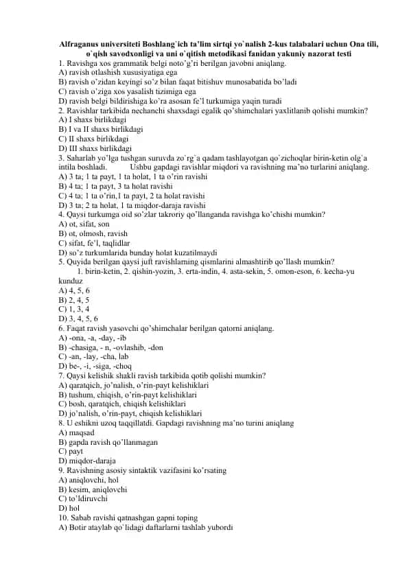 Ona tili, o`qish savodxonligi va uni o`qitish metodikasi fanidan yakuniy nazorat testi