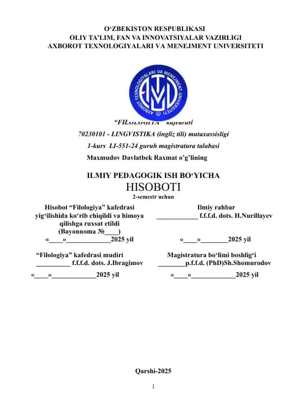 Lingvistika (ingliz tili) Magistratura Talabasi Hisoboti