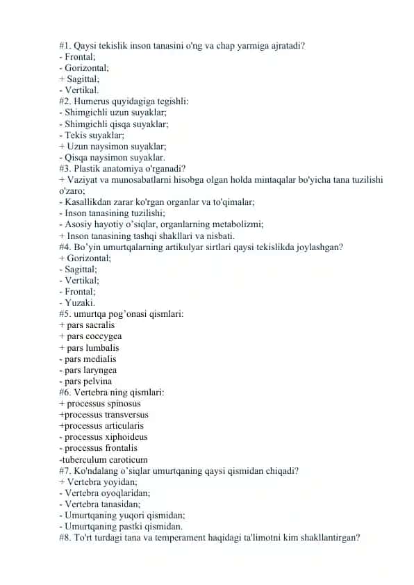 Plastik anatomiya test savollari