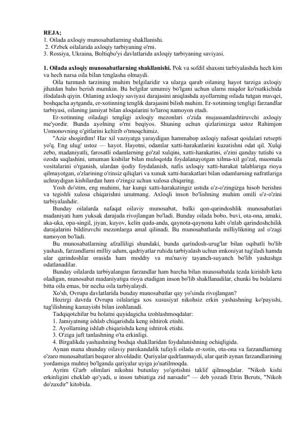 Axloqiy Tarbiya va Oilaviy Munosabatlar