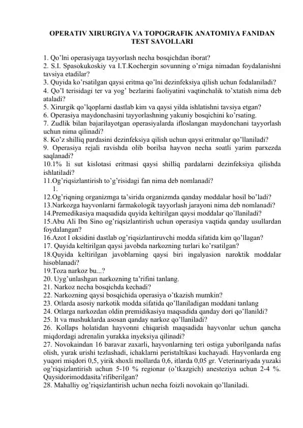 OPERATIV XIRURGIYA VA TOPOGRAFIK ANATOMIYA FANIDAN TEST SAVOLLARI