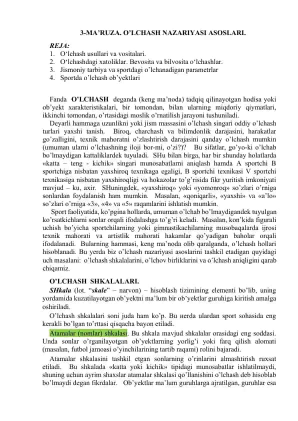 O’LCHASH NAZARIYASI ASOSLARI